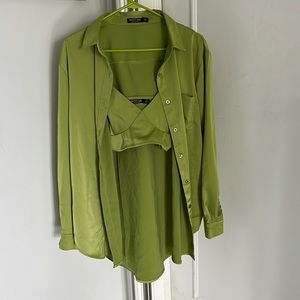 NWOT | Nasty Gal Chartreuse Green Crop Top/Button Down Set